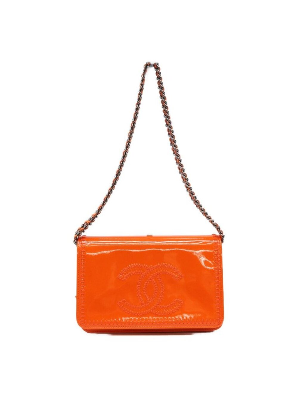 Chanel Orange CC Logo Stitch Patent Chain Wallet Shoulder Bag